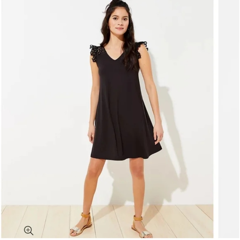 NWT LOFT Lace Ruffle Cap Sleeve Jersey Knit Swing Dress SZ Small Petite Black